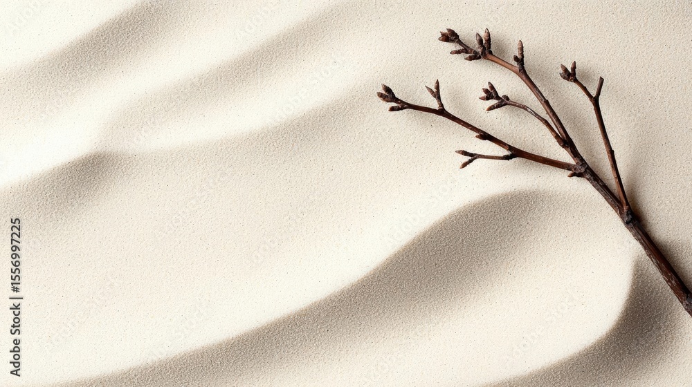Fototapete close-up of a single branch of a tree with small buds on it. the branch is lying on a beige-colored 