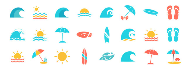 Tropical Beach and Surf Icon Set Vector - Summer Vacation Elements with Waves, Sun, Umbrellas, Surfboards, and Flip-Flops