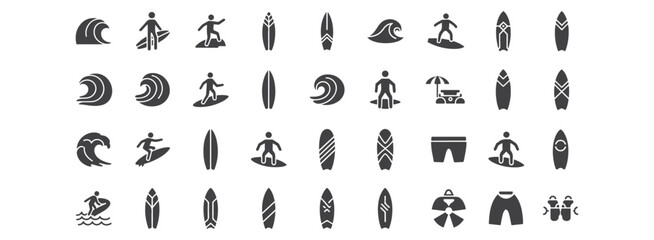Fototapeta premium Minimal Surfing and Beach Icon Set - Wave, Surfer, Surfboard, and Water Sports Symbols for Summer and Sea