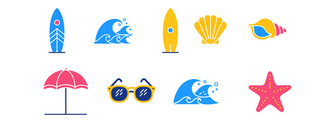 Colorful Tropical Beach and Surf Icon Set Featuring Waves, Shells, Starfish, Surfboards, and Summer Essentials in Flat Style