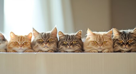 Row of adorable cats portraits looking to the front