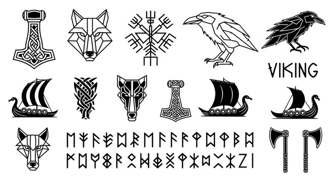 Viking Symbols Set Norse Mythology.