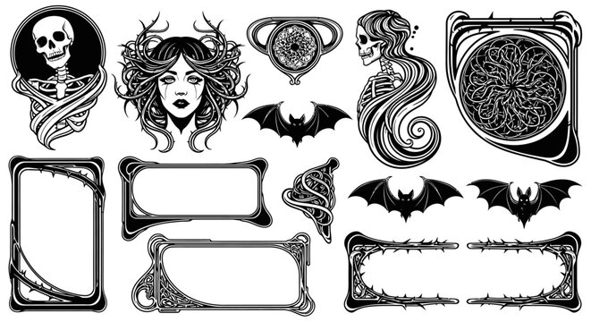 Art Nouveau Halloween Elements Vector.