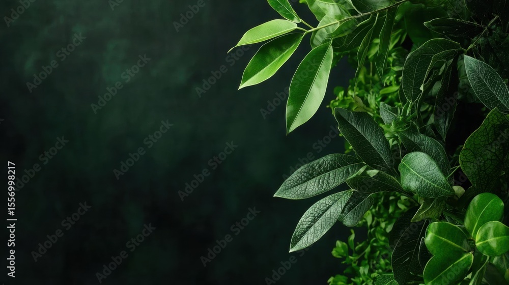 Poster close-up of a branch of a tree with green leaves. the leaves are arranged in a way that they are ove