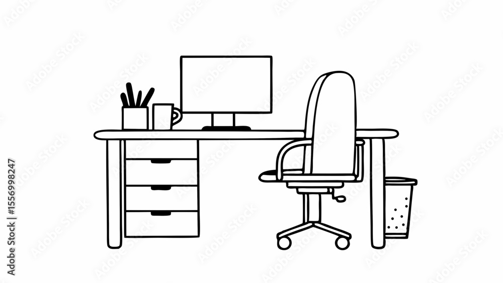 Poster illustration of a desk with a computer chair and a trash can in a simple black outline style created