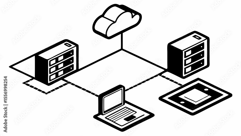 Poster isometric view of cloud computing network with servers laptop and tablet devices connected created w