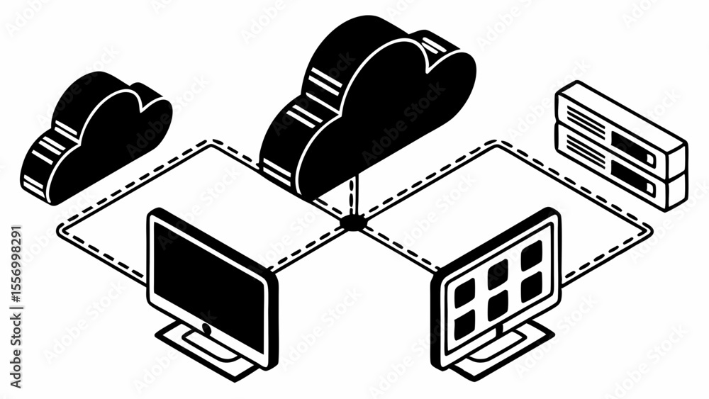 Poster isometric network diagram showing cloud servers and computers connected by dotted lines created with