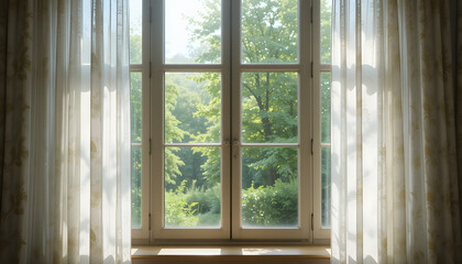 Fototapeta premium Bright window with sheer curtains natural light greenery outside peaceful atmosphere