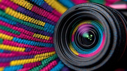 Camera lens close up with colorful threads reflected on the glass vibrant and textured background in defocus selective