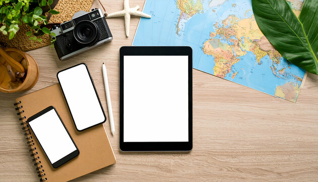 Overhead shot of travel items including a tablet and map on a wooden surface. - Powered by Adobe