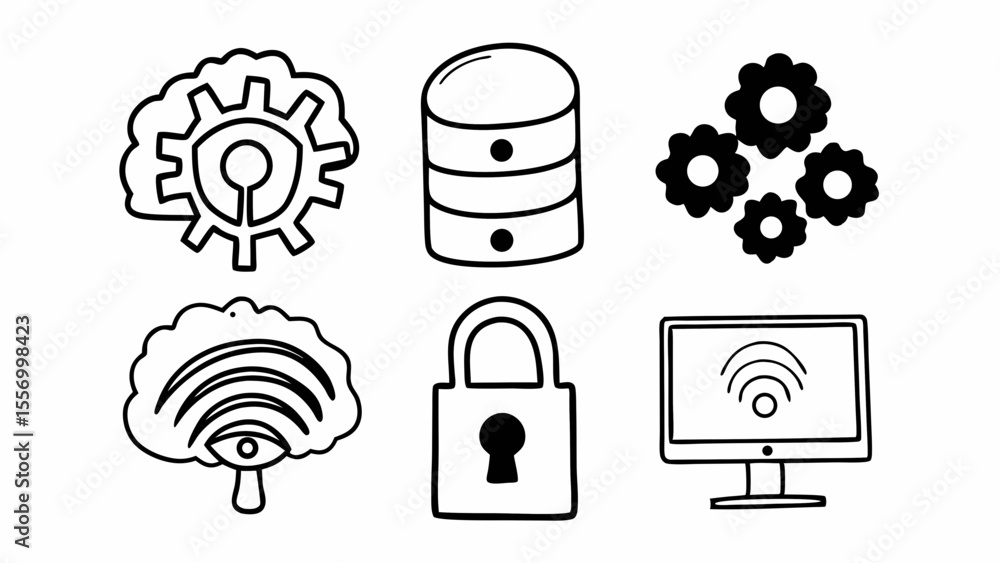 Fototapete Doodle style icons representing technology concepts such as ai data security and connectivity shown created with generated ai