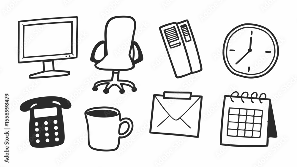 Fototapete Illustration of office objects including a computer chair clock phone mug and calendar in black and white created with generated ai