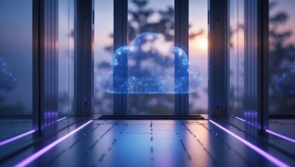 Futuristic interior view with cloud technology projection, illuminated by sunset light