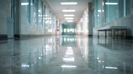 A clean, reflective hallway with bright lights illuminating the glossy floor and windows.