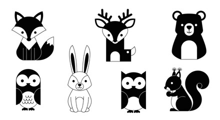 Fototapeta premium Cute Animal Icons Set Black and white.