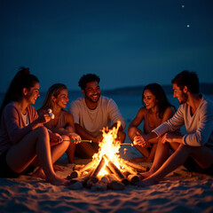 A diverse group of friends enjoying a bonfire on a beach at night. They are roasting marshmallows, laughing, and sharing stories under a starry sky. The lighting is warm from the fire and cool from th