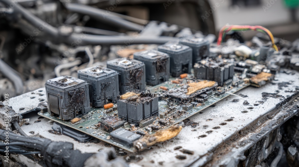 Poster a close-up view of a damaged circuit board, showcasing burnt components and intricate details in a m