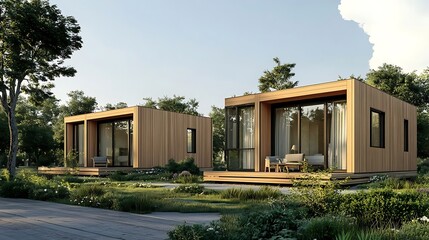 Fototapeta premium Modern cabins with green landscape.