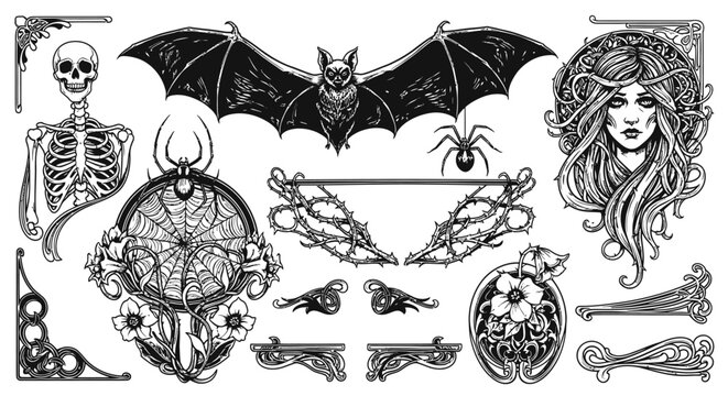 Gothic Halloween Vector Illustration Set.