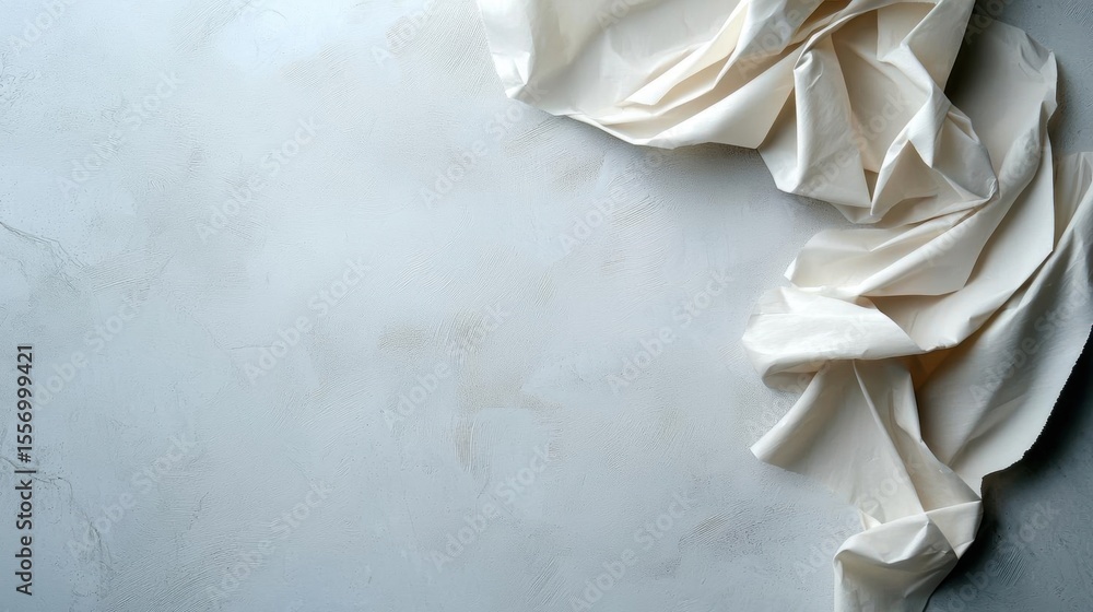 Poster close-up of a crumpled piece of white fabric on a gray textured surface. the fabric appears to be ma