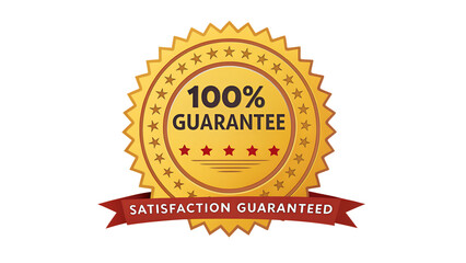 Gold 100 percent guarantee badge with satisfaction guaranteed ribbon and stars isolated on transparent background