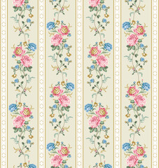 This design features vertical stripes with intricate floral arrangements, evoking a timeless vintage aesthetic.