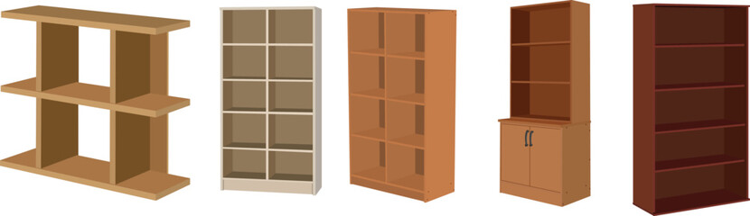 Wooden Bookshelves Vector Illustration Set – Flat Design Bookcases, Cabinets, Open Storage Shelves, Modern Wooden Furniture Collection for Home, Office, Living Room, Interior Decor Clipart