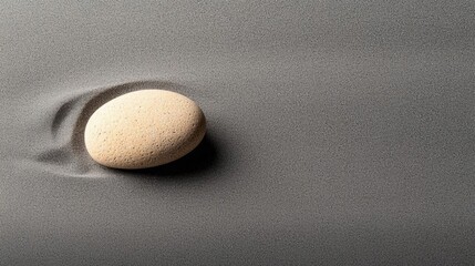 Close-up of a single, round, beige-colored stone on a gray surface. the stone appears to be smooth and smooth, with a rough texture.