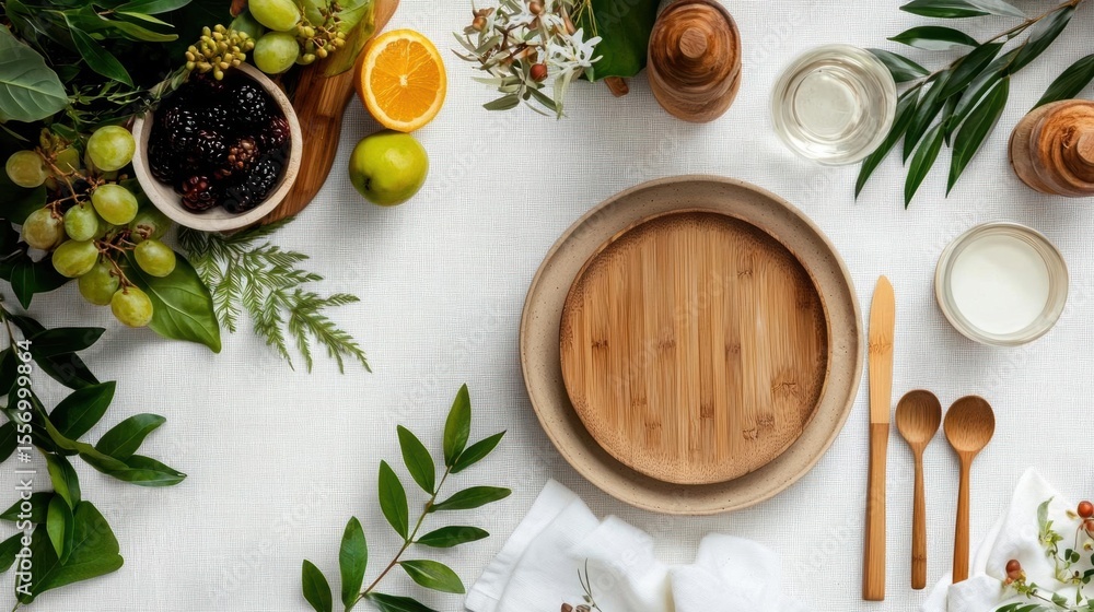 Aufkleber flat lay of a table setting with a white tablecloth. on the left side of the image, there is a woode
