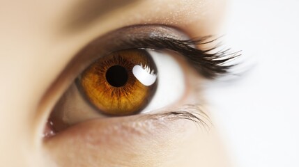 Obraz premium Close-up of a warm brown iris with intricate patterns, centered dark pupil reflecting light, framed by long dark eyelashes, smooth natural skin, detailed delicate features.