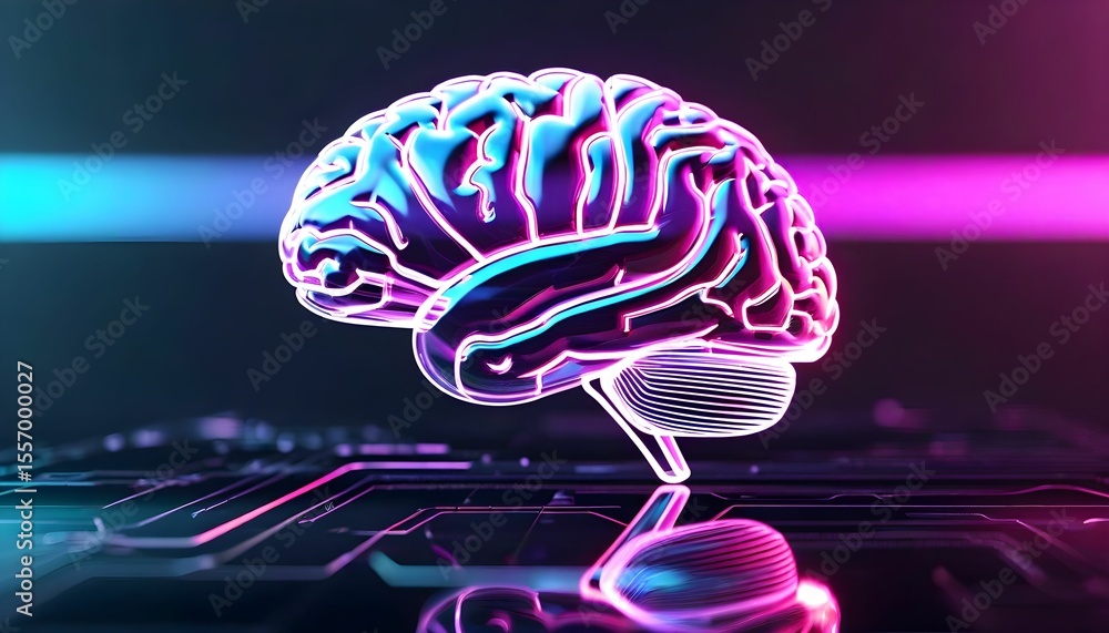 Poster neon-lit brain model hovers above a futuristic circuit board, representing artificial intelligence o