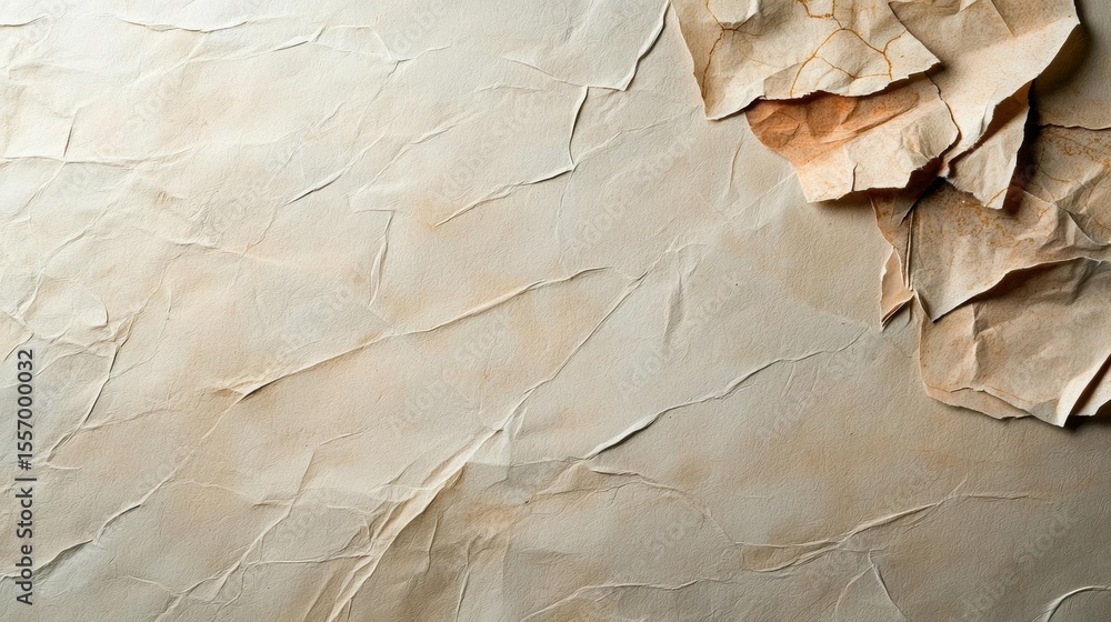 Poster close-up of a crumpled piece of paper. the paper appears to be beige in color and has a rough textur