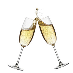 A dynamic shot of two champagne glasses toasting, with effervescent liquid splashing, perfect for festive occasions.