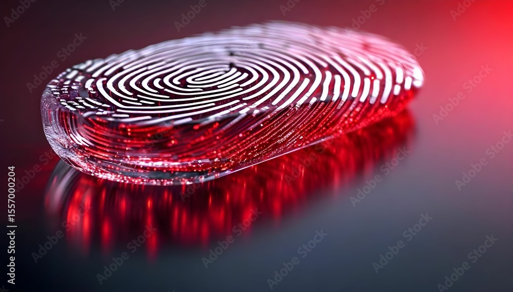 Poster a close-up view of a transparent fingerprint with a red glow.
