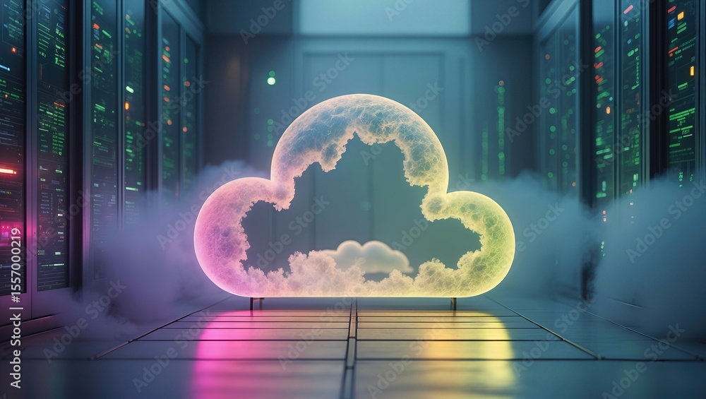 Poster a colorful cloud shape glowing in a server room filled with data storage systems, illuminated by vib