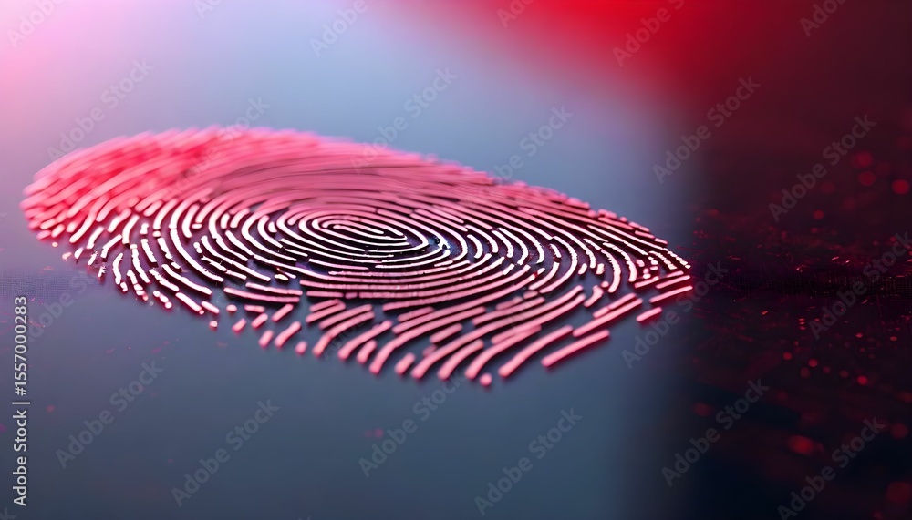 Poster a red fingerprint on a reflective surface, illuminated with a red light source creating a dramatic e