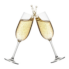 Two elegant champagne flutes clink together, creating a dynamic splash of golden sparkling wine. Perfect for celebrating special occasions, success, or festive events.