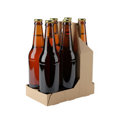 A six pack of assorted amber and dark beer bottles in a generic cardboard carrier. Perfect for beverage packaging and retail concepts.