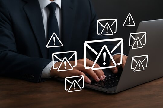 Businessman typing on laptop with warning email icons, representing email threat, phishing attack, malware, data breach, cybersecurity alert, scam message, spam risk, and online fraud protection.