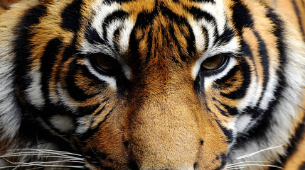 Intense Close-up of Tiger Face with Piercing Eyes and Detailed Striped Fur, Majestic Wildlife Portrait