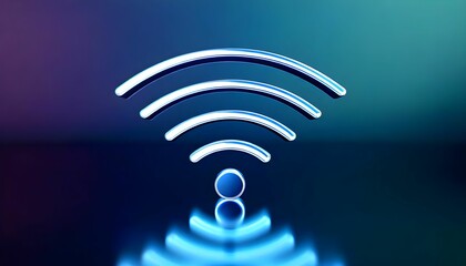 A glowing blue and white WiFi symbol against a gradient background with reflective surface.