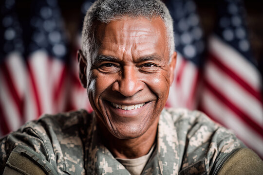 A smiling man in a military uniform is posing in front of American flags