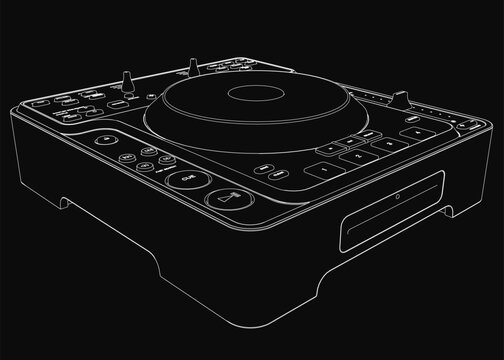 Controller in black and white illustration, featuring a glossy black finish and large LCD display. Includes buttons, knobs for speed and volume control, and a USB port