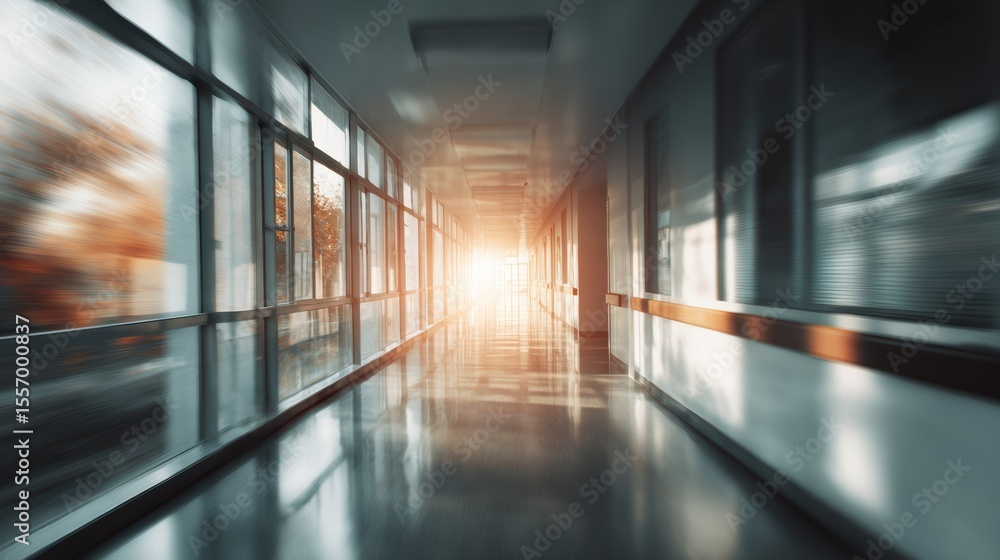 Aufkleber a dramatic perspective of an empty corridor with sunlight streaming through, creating a tranquil yet