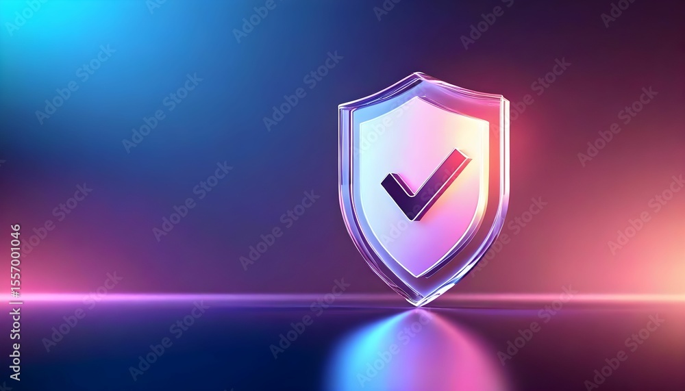 Poster a transparent shield with a checkmark inside, standing on a reflective surface against a colorful, b
