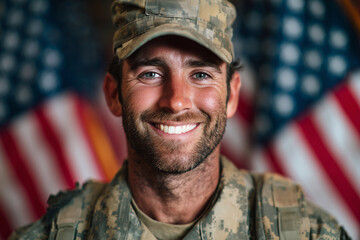 A smiling man in a military uniform stands in front of American flags