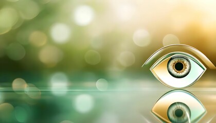 Stylized eye graphic with a reflective surface and blurred, bokeh background.