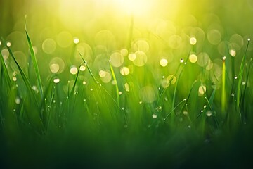 Obraz premium Dew Drops on Lush Green Grass in Morning Sunlight with Bokeh Effect
