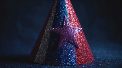 A glittery red silver and blue party hat sparkling a symbol of festive celebrations and joyful gatherings with dark even