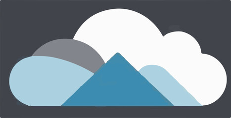 A layered vector illustration depicting white clouds and blue mountains under a grey sky, forming a scenic and minimalist landscape.
